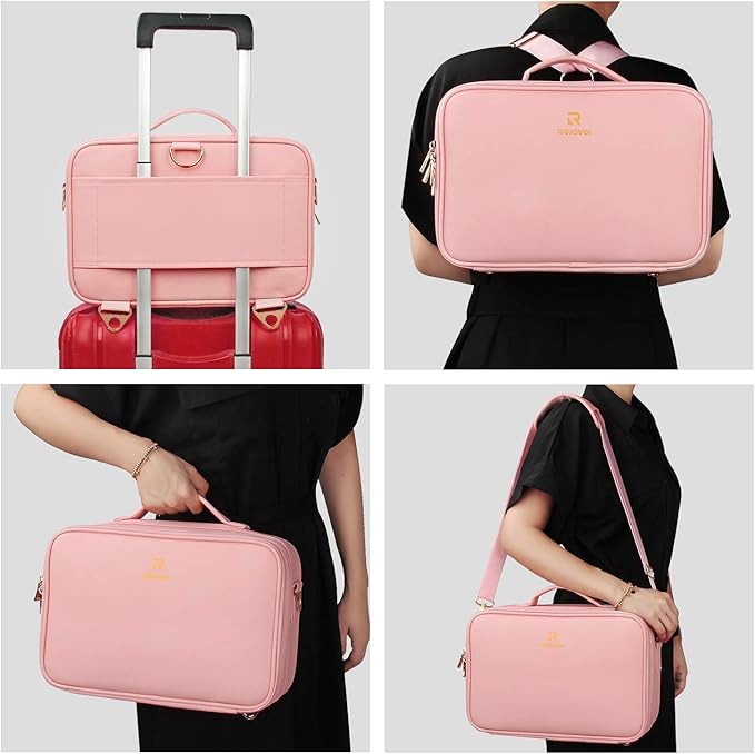 Relavel Makeup Bag Travel Makeup Train Case 13 inches Large Cosmetic Case Professional Portable Makeup Brush Holder Organizer and Storage with Adjustable Dividers and Shoulder Strap (Pink)