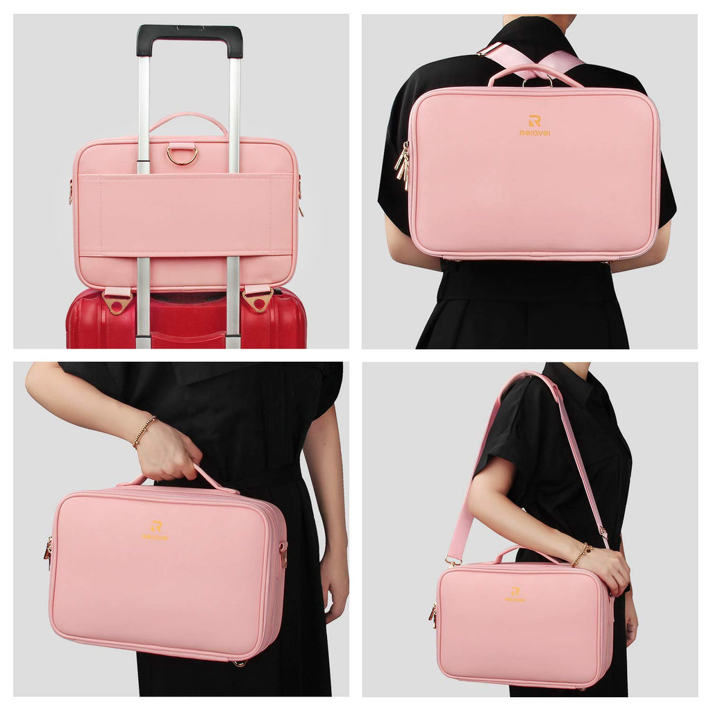 Relavel Makeup Bag Travel Makeup Train Case 13 inches Large Cosmetic Case Professional Portable Makeup Brush Holder Organizer and Storage with Adjustable Dividers and Shoulder Strap (Pink)