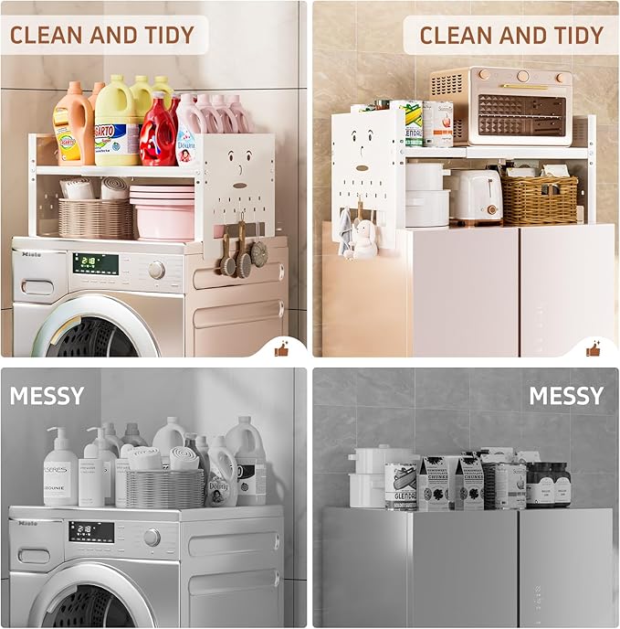 Ipotive Adjustable Top Storage Shelf for Refrigerator or Washer, Dryer Countertop, Expandable Storage Shelves for Kitchen, Laundry Room and Dorm Room (White)