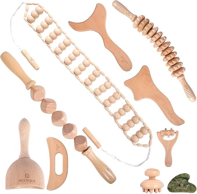 NESTIQUE 10 in 1 Wood Therapy Massage Tools for Body Shaping with Gua Sha Stone – Lymphatic Drainage kit for Muscle Pain Relief, Maderoterapia Professional kit for Body Sculpting