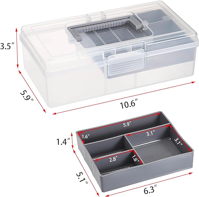 JUXYES 2 Pack Plastic Carry Storage Box with Removable Dividers, Clear Art Craft Supply Storage Bin Sewing Box with Handle Lid, 2 Layers Stationery Storage Case for School/Office Supplies Gray
