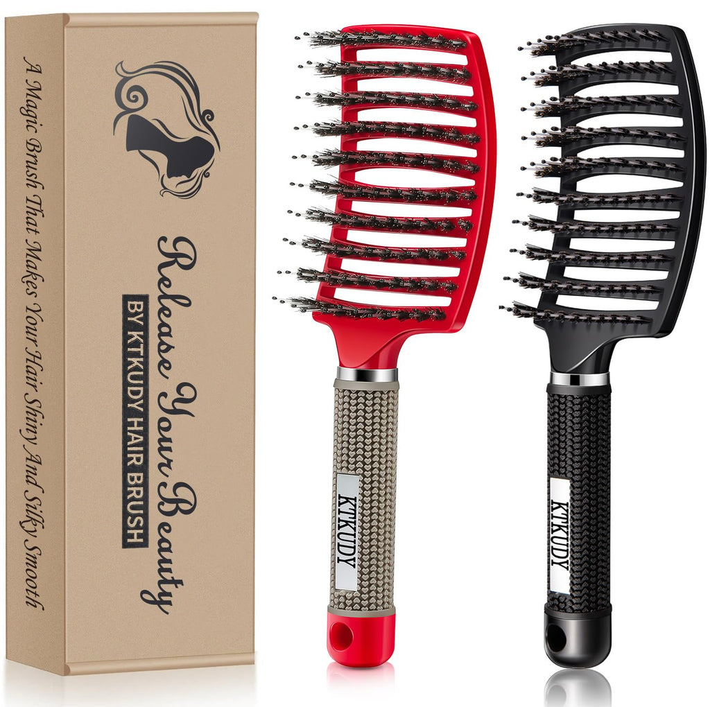 Detangling Brush Boar Bristles Set KTKUDY Hair Brush Curved and Vented Detangler Brush for Women Men Kids Wet and Dry Hair (Red&Black)