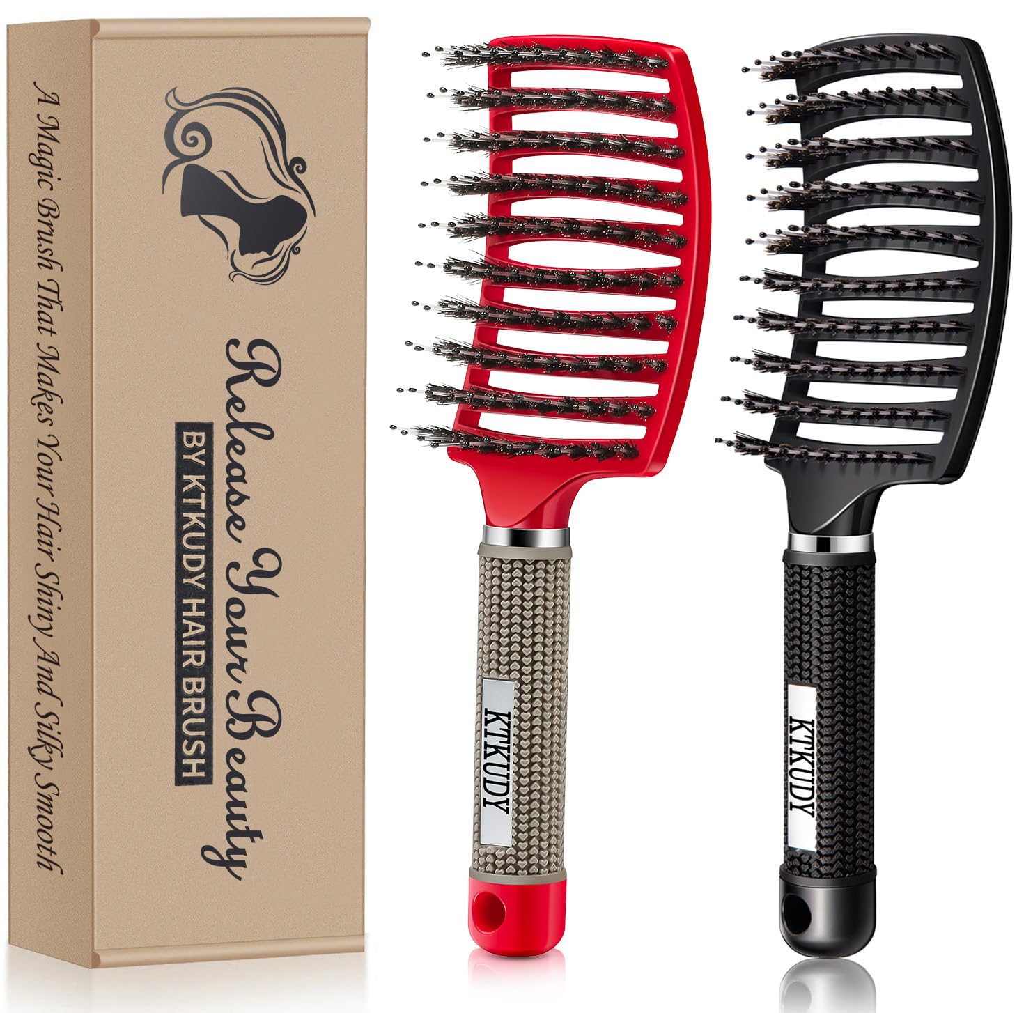Detangling Brush Boar Bristles Set KTKUDY Hair Brush Curved and Vented Detangler Brush for Women Men Kids Wet and Dry Hair (Red&Black)