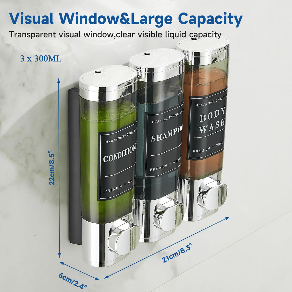 Shower Shampoo Dispenser 3 Chamber No Drill Wall-Mounted,Shampoo and Conditioner Dispenser Shampoo for Shower Wall Mounted Body Wash for Bathroom,Chrome