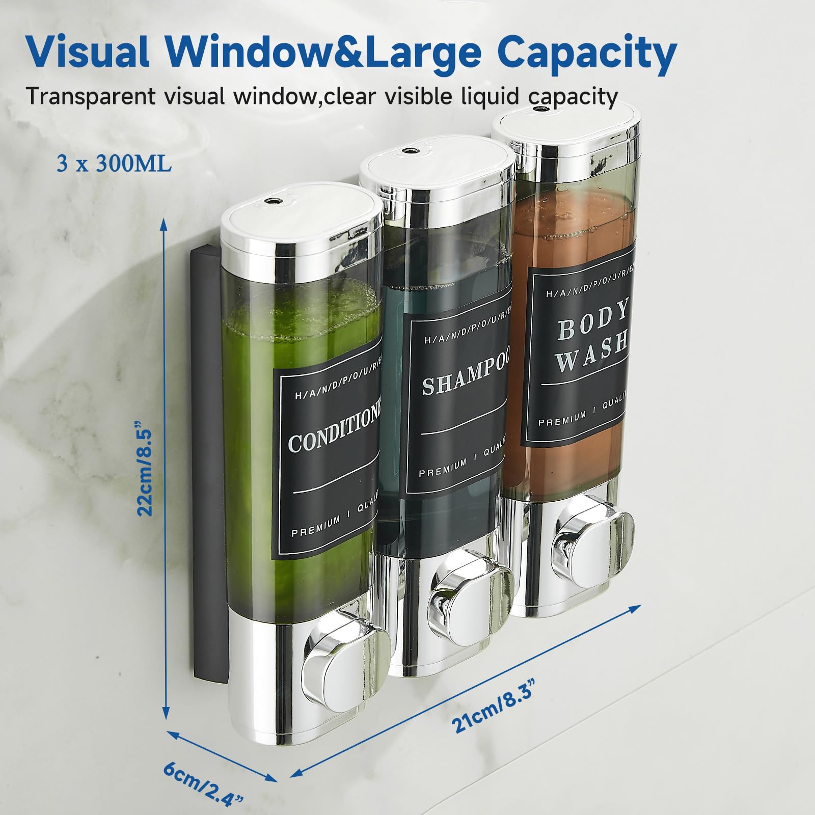 Shower Shampoo Dispenser 3 Chamber No Drill Wall-Mounted,Shampoo and Conditioner Dispenser Shampoo for Shower Wall Mounted Body Wash for Bathroom,Chrome