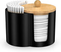 PENGARO Cotton Pad Swab Holder, Q tip Holder Round Makeup Pads Dispenser Small Plastic Swabs Dispenser with Lid, Bathroom Accessories Storage Organizer for Floss Picks, Black