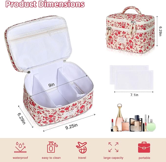 Gosect Makeup Bag, Portable Travel Make up Bag, Large Capacity Quilted Cosmetic Organizer Bag, Cute Floral Toiletry Bag for Women Girls (Bright Pink Rose)