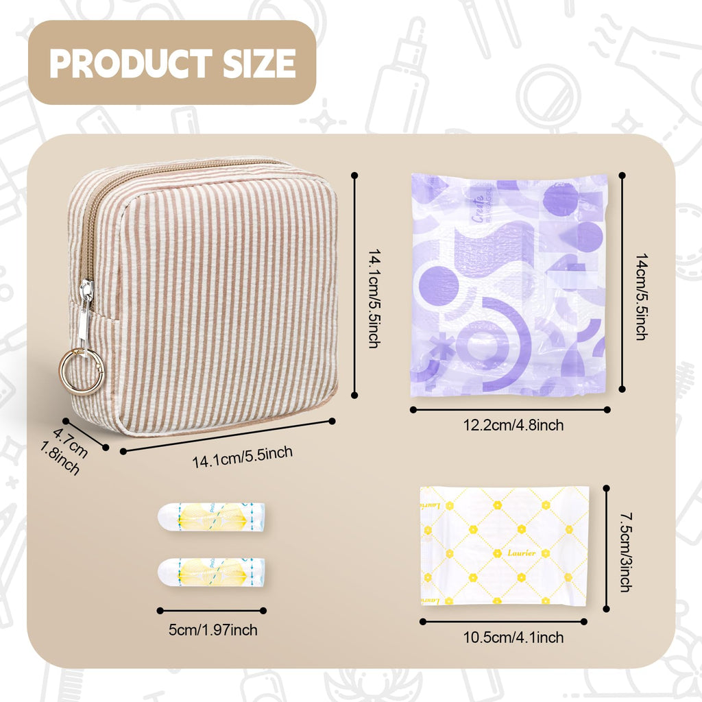 Playexen Period Bag for Teen Girls, Stripes Sanitary Napkin Storage Bag with Ring Buckle, Menstrual Pad Pouches Tampon Holder for Purse (Khaki)