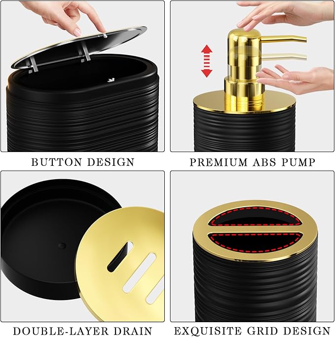 InnJoey Bathroom Set, 10PC Bathroom Accessory Set, Black Bathroom Accessories, Black and Gold Bathroom Set with Trash Can, Soap Dispensers