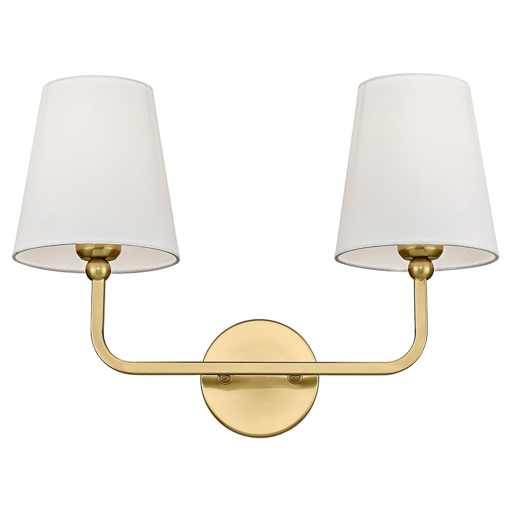 METWET 2 Light Bathroom Vanity Light, Brushed Gold Double Wall Sconce with Flared White Fabric Shade, Modern Sconces Wall Lighting for Hallway Bedroom Stairway, VL837-BG