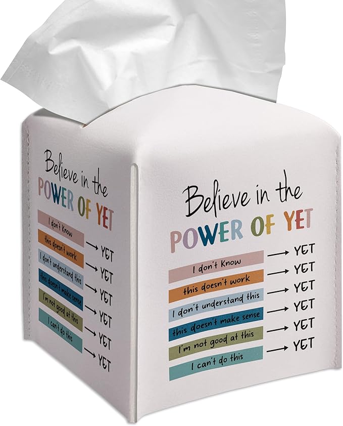 Grace Yonks Cute Tissue Box Cover Square - Power of Yet Growth Mindset Design 5.2" PU Leather Holder for Vanity, Desk, or Bathroom Counter - Cube Case for Facial Tissues(018)