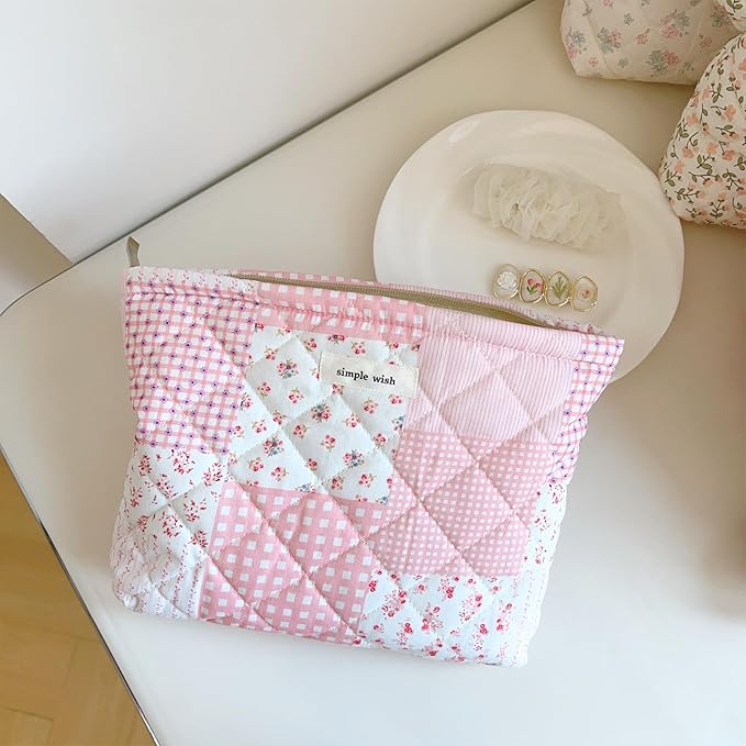 Sminra Quilted Floral Makeup Bag for Women, Cotton Cosmetic Pouch with Zipper, Slim Travel Toiletry Organizer for Makeup, Skincare and Daily Essentials Organizer (Pink Floral-L)