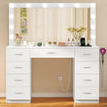 Quimoo Vanity Desk with Glass Top & Large Lights Mirror, 3 Adjustable Lighting Color, 44" Makeup Vanity Desk with 9 Drawers and 12 LED Lights, Vanity Table, Dressing Table for Bedroom(White)