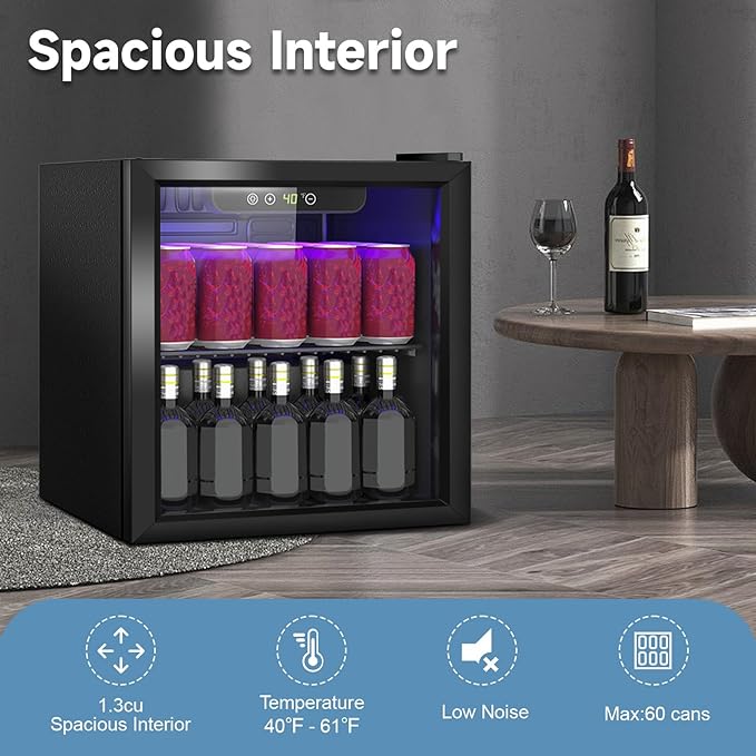 Stopsad Compact Beverage Refrigerator, 1.3Cu.Ft/60 Can Mini Fridge with Glass Door and Digital Display, Small Drink Fridge with Adjustable Shelves for Soda, Beer, or Wine, Compact Fridge for Bedroom