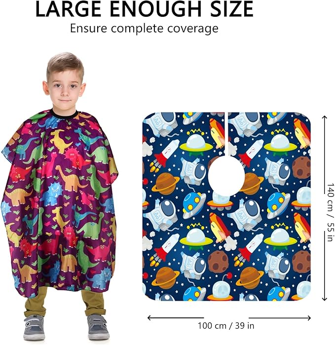 YELEGAI Kids Hair Cutting Cape (2 Pack) Professional Children Salon Barber Apron for Boys and Girls (Cartoon Dinosaur & Cartoon Space)