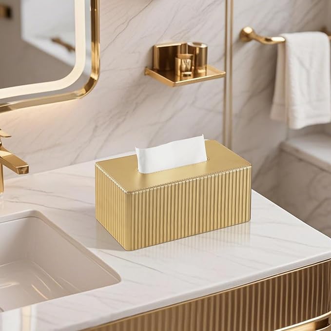 MEIBOOCH PU Leather Tissue Box Cover Square, Cube Tissue Box Holder with Magnetic Closure, Decorative Tissue Holder for Bathroom Bedroom Office (Gold, Rectangle Height of 4 in)