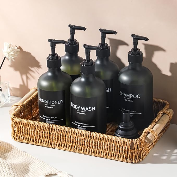 Mithrgrous Plastic Refillable Shampoo and Conditioner Bottles with Pumps and Labels (5-Pack, Green)