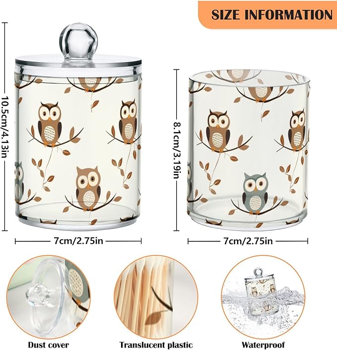 2 Pack Qtip Holder Dispenser for Cotton Ball Owl Forest Little Animal Cotton Swab Round Pads Clear Plastic Acrylic Jar Set Bathroom Canister