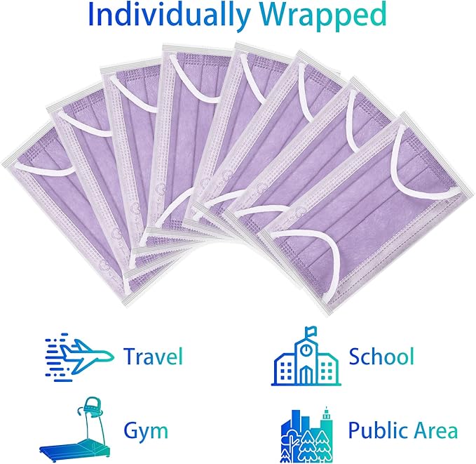 Disposable Face Masks for Adults,Premium 4ply Level2 Masks,MasksDisposable,Individually Wrapped Pack 50(Purple)