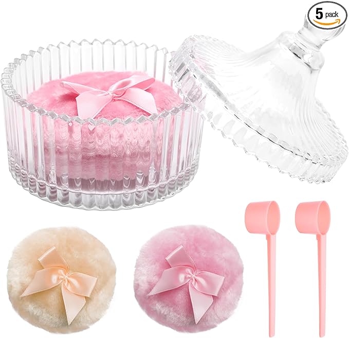 5PCS Body Powder Puff and Container, Coolrunner Crystal Clear Powder Container with Powder Spoon, Dusting Powder with Puff for Women, Washable Reusable