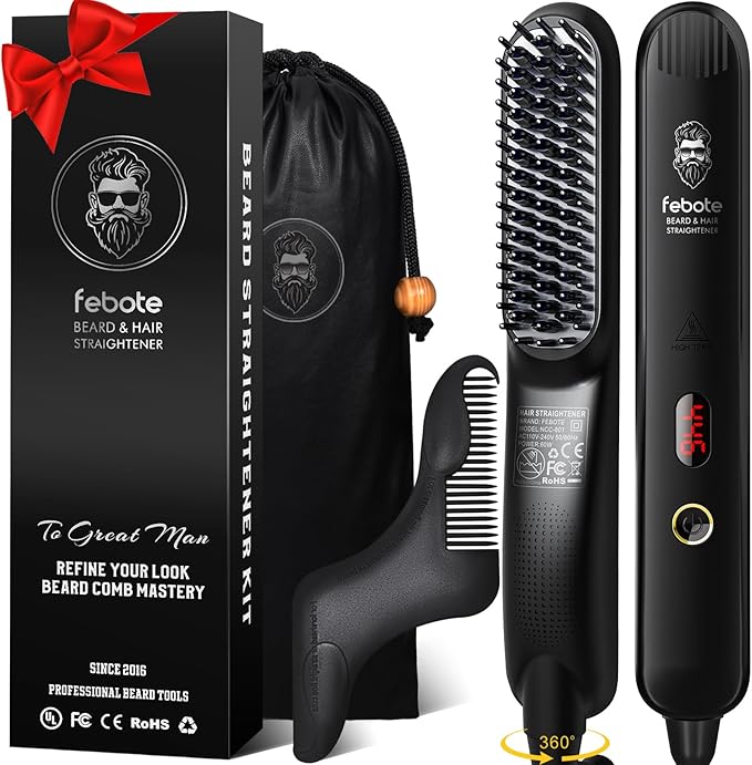 FEBOTE Heated Ionic Hair Straightening Brush for Men - 5 Temperature Settings, Anti-Scald, Beard Shaper & Travel Bag