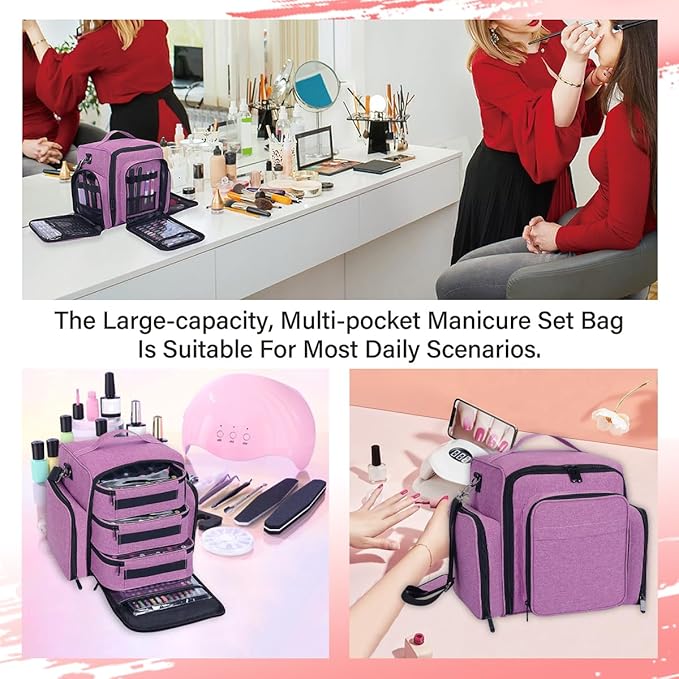 UOZL Nail Polish Organizer Case Hold 90 Bottle with 3 Detachable Bag,Purple