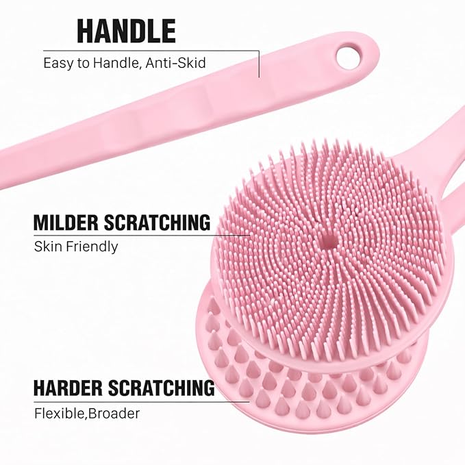 YouthRun Silicone Body Scrubber for Shower Men Women – Dual-Sided Exfoliating & Massage Shower Brush with Long Handle, Creates Rich Lather, Includes 1 Hook & 2 Lather Balls (Pink).