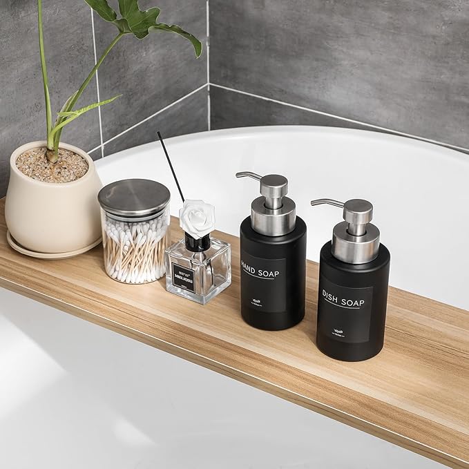 Foaming Soap Dispenser Set, 12 Oz Glass Hand Soap Dispenser with 304 Rust Proof Stainless Steel Pump, Waterproof Labels, for Bathroom Decor Kitchen College Dorm, Black Silver Pump 2 Pack