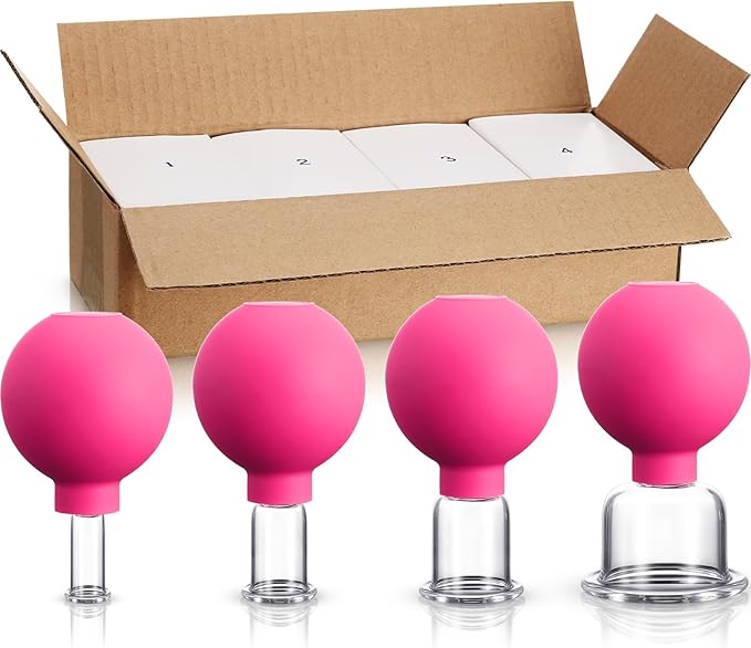 BBTO 4 Pieces Glass Cupping Set Glass Silicone Cupping Cups Massage Vacuum Suction Cupping Cups for Body Face Leg Arm Back Shoulder Muscle and Joint Pain (Rose)