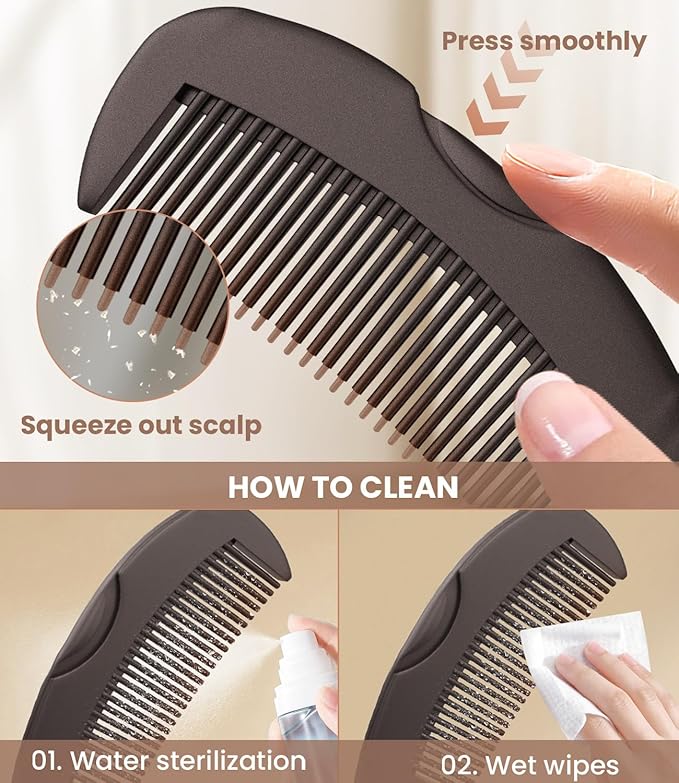 Self-Cleaning Dandruff Comb 2-Pack, Hollow Teeth Button-Release Scalp Detox, Fine Tooth 0.5mm & 2mm for Nits Buildup Removal, Women Men Kids, Stainless Steel Ergonomic Anti-Slip Hair Care Tool