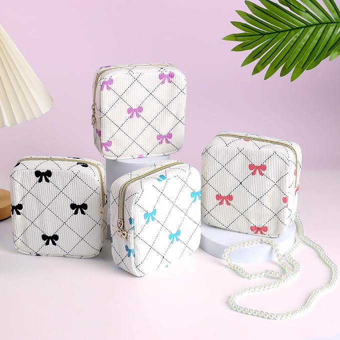 Teircno Period Bag for Women - Cute Corduroy Sanitary Napkin Storage Bag with Bow Design | Period Pouch for Daily Use, Travel | Discreet Menstrual Pouch | Pad Bags for Period Holds Pads, Tampons