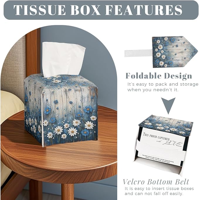 White Flowers Daisy Tissue Box Cover Rustic Floral Wooden Country Leather Tissue Box Holder Square Facial Paper Organizer Dispenser for Car Bathroom Bedroom Office Tabletop Decor