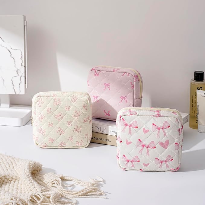 Small Quilted Cotton Makeup Bag for Purse, Cosmetic Bag with Compartments, Cotton Aesthetic Makeup Bag, Travel Toiletry Pouch, Lipstick Bag Card Holder Data Cable Organizer (12Heart Bow)