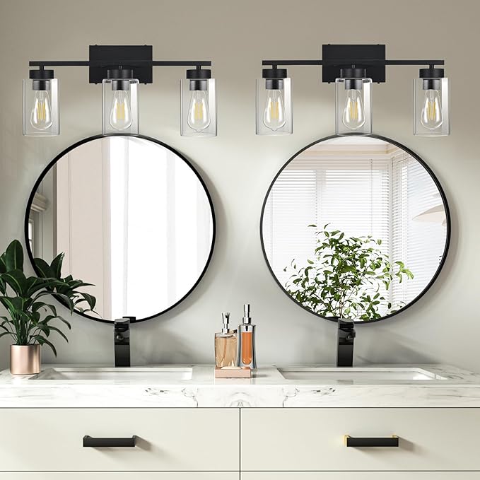 A1A9 3-Light Bathroom Vanity Light, Modern Black Wall Lights with Clear Glass Shades, Bathroom Wall Sconce Lamp for Mirror Living Room Bedroom Hallway