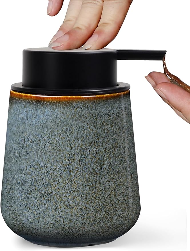 INGOFIN Ceramic Lotion Dispenser - 12 oz Refillable Hand Soap Dispenser Bathroom, Modern Liquid Dispenser with Pump, Dish Soap Dispenser for Kitchen,Kiln-Glazed Blue-Green