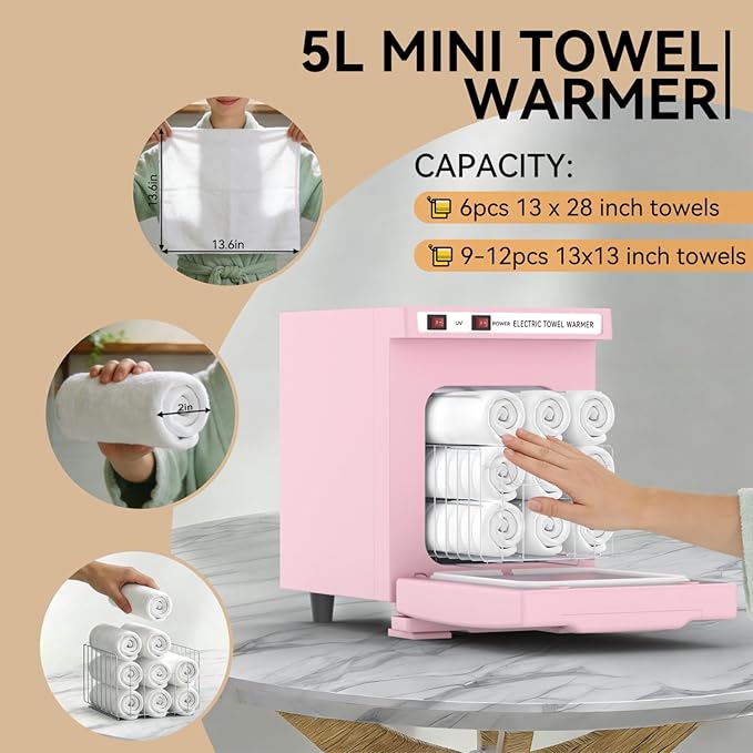 Towel Warmer 5L-Pink, 2-in-1 Professional Mini Small Hot Towel Warmer for Spa, Facial Towel Cabinet for Solo Estheticians, Small Salons & Home Spa (Fits 10-15 Towels)