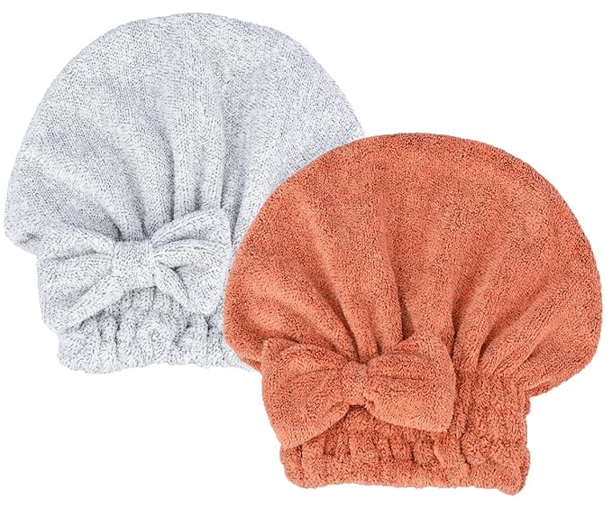 MAYOUTH Microfiber Hair Drying Towels Head wrap 2-Pack with Bow-Knot Shower Cap Hair Turban hairWrap Bath Cap for Curly Long & Wet Hair Gift for Women 2pack (SalmonRed+Heathered Gray)