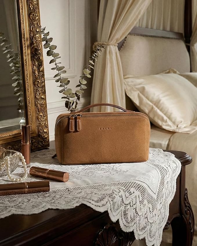 EACHY Travel Makeup Bag, Faux Suede Cosmetic Bags for Women,Large Capacity Portable Pouch Open Flat Toiletry Bag Make up Organizer with Divider and Handle