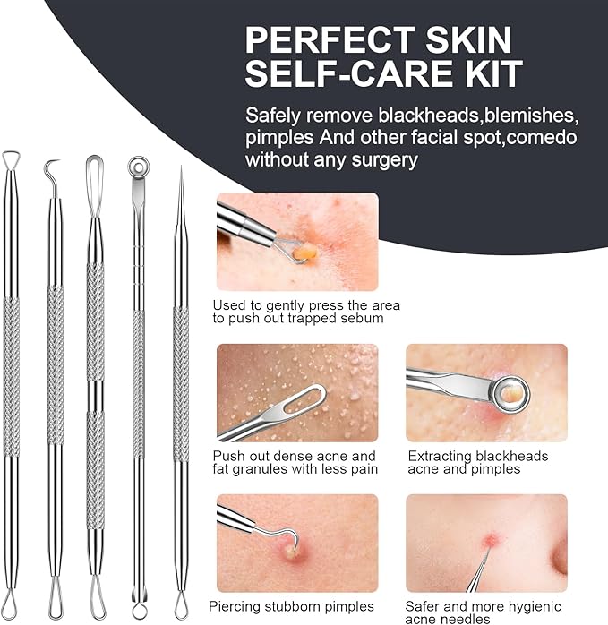 Meidaier 7Pcs Blackhead Remover Kit, Stainless Steel Acne Comedone Extractor with 10X Magnifying Glass & 20 75% Alcohol Pads, Pimple Whitehead Blemish Removal, Anti-Slip Handle & Storage Box