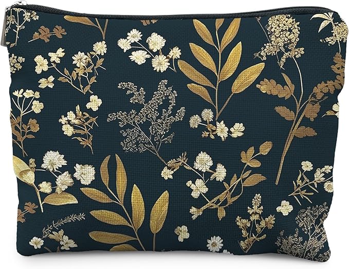 RYYCDOI Vintage Boho Floral Makeup Bag, Dark Moody Wildflowers Floral Cosmetic Bags for Women, Dark Cottagecore Botanical Plant Zipper Makeup Pouch