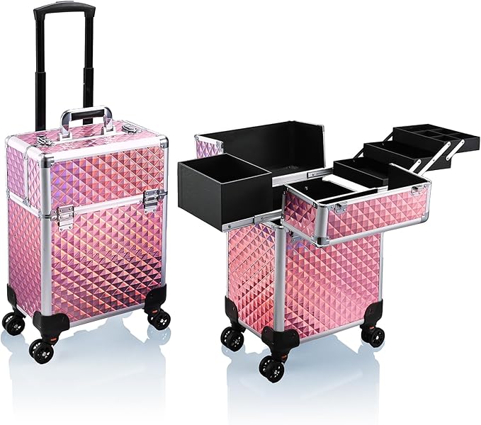 Stagiant Rolling Makeup Train Case Cosmetology Case on Wheels Travel Cosmetic Suitcase Trolley Makeup Luggage Storage Box 4 Tray with Lock Middle Layer Salon Nail Tech Cart Traveling Tattoo Case Pink