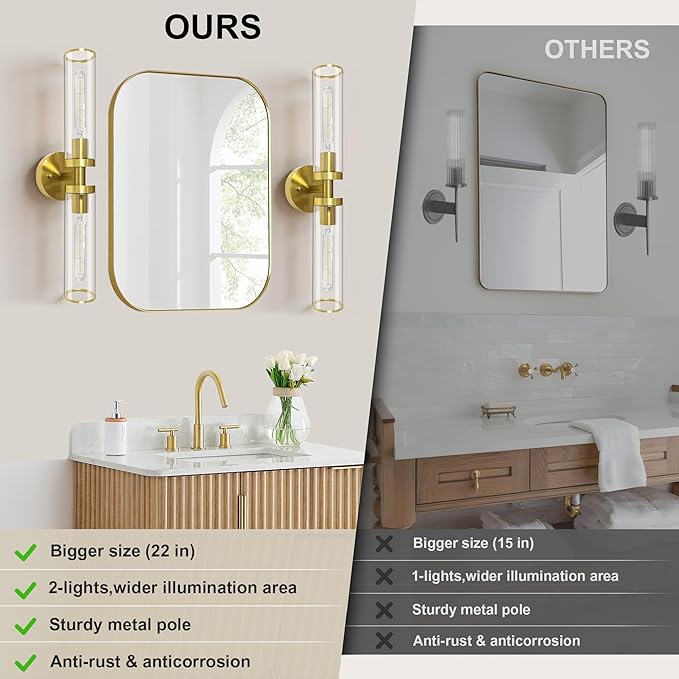 Gold Wall Sconces, Bathroom Sconces Vanity Light Fixtures with Clear Glass, Set of 2, Brushed Gold Sconces Wall Decor, for Living Room/Bathroom Corridor Mirror/Bedroom Hallway Stairwell