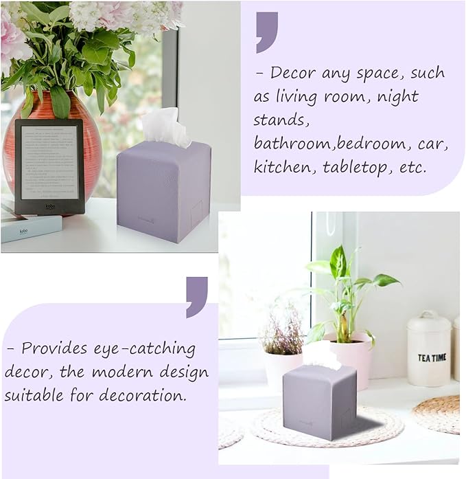 PENGLONG Tissue Box Cover 5X5X5'' PU Leather Tissue Holder Square Tissue Cube Box Organizer for Bathroom Vanity Countertop, Car, Night Stands, Office, Home, Kitchen (2Pack, Light Bray Purple)