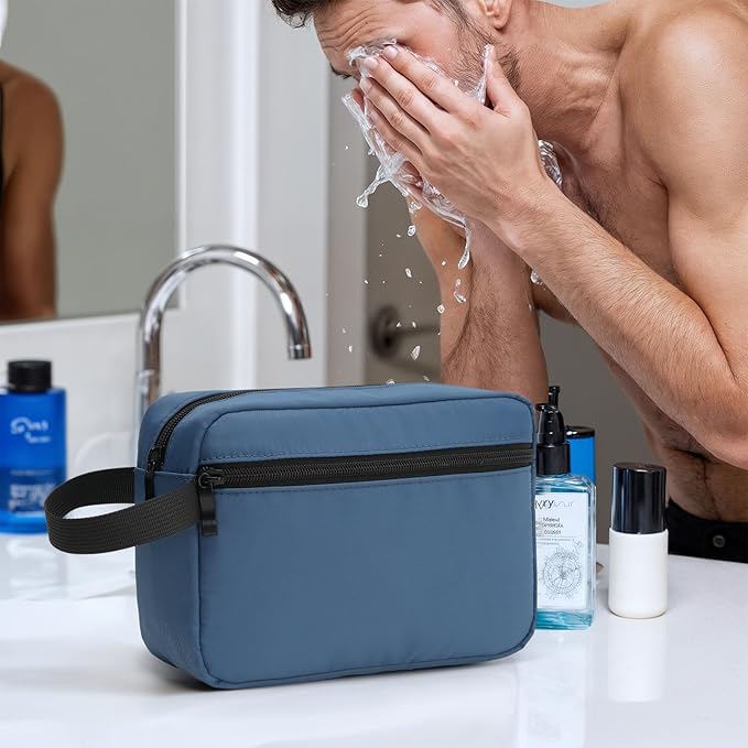 XIRYOHEAUR Travel Hanging Toiletry Bag with Carry Handle - Water-Resistant Small Cosmetic Organizer for Men & Women, Makeup, Shaving Kit, Gym & Travel Essentials (Navy Blue)