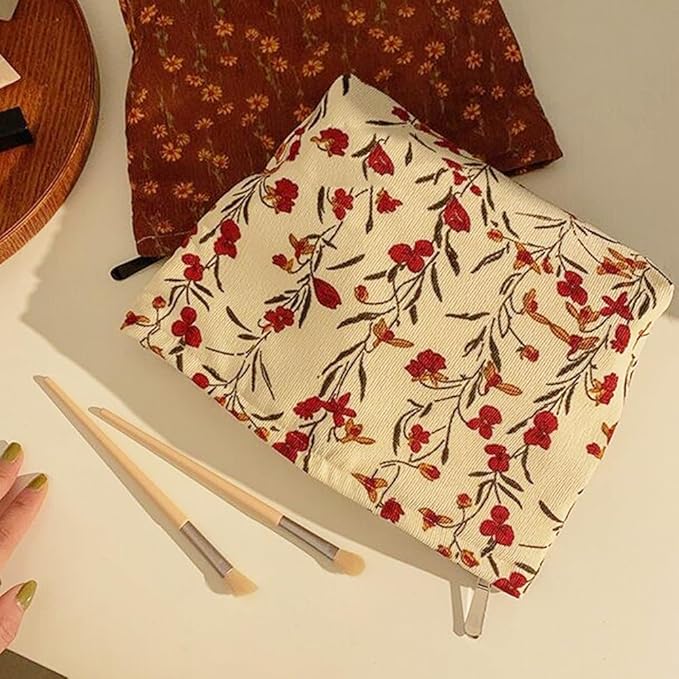 SxoSyo Floral Makeup Bag, Corduroy Cosmetic Bags, Beige