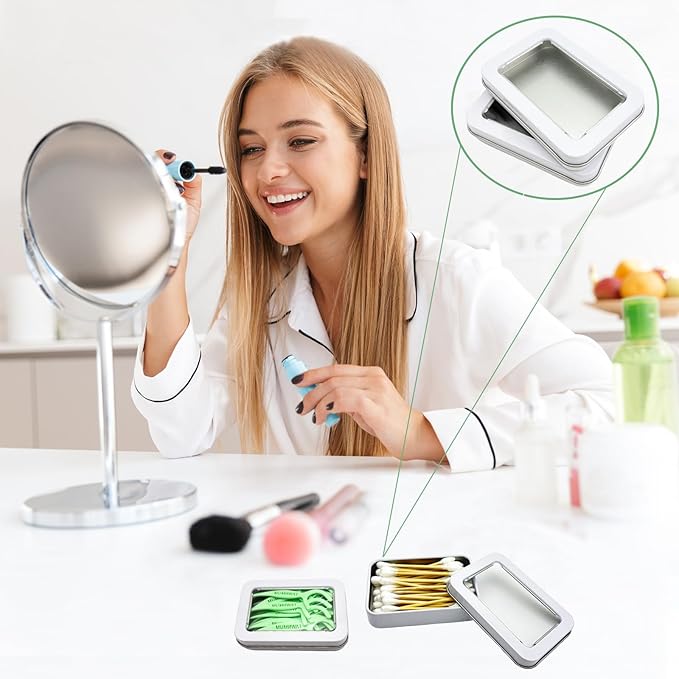 MatFirsmo Cotton Swab Holder for Travel, 2 Pcs Portable Small Dental Floss Holder Empty Metal Cotton Ball Holder, Travel Floss Picks Case with Dustproof Lid for Cotton Swabs Hair Ties Floss, White