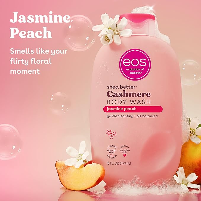 eos Cashmere Body Wash – Jasmine Peach, Moisturizing Body Wash, Creamy Gel Formula, with Shea Butter, Glycerin, Vitamin E, pH Balanced, Sensitive Skin, Vegan, 16 fl oz