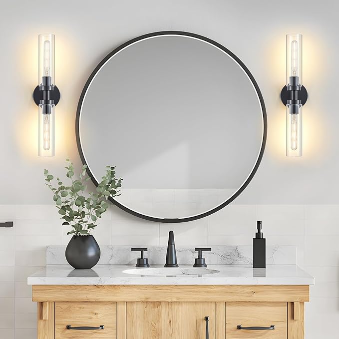 2-Light Black Bathroom Light Fixtures Over Mirror Modern Farmhouse Vanity Light Wall Lighting with Clear Glass Shade for Bathroom, Bedroom, Hallway, Cabinet