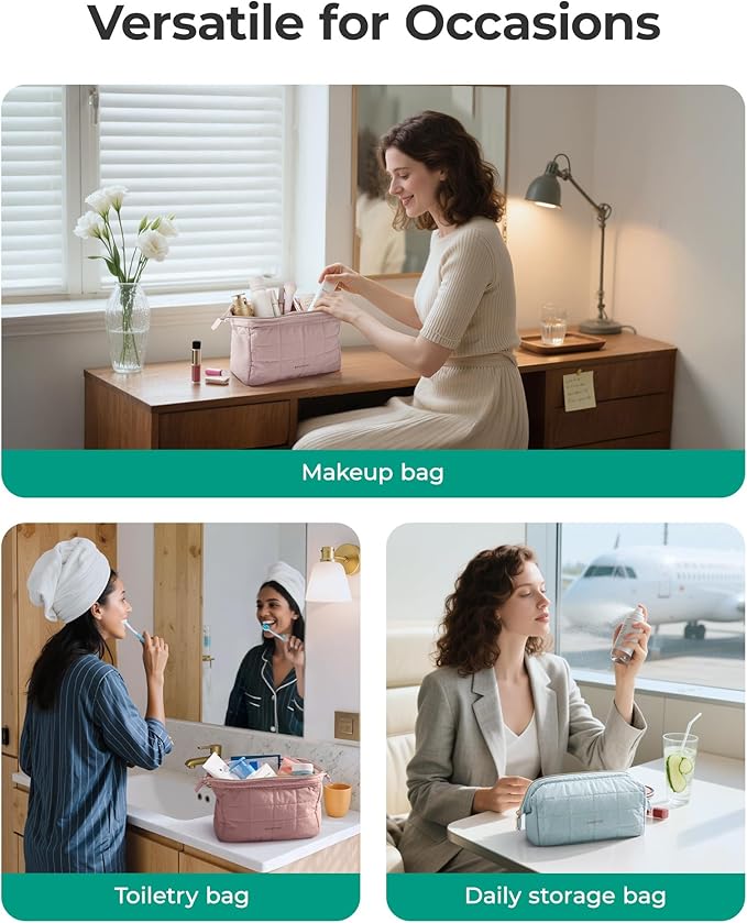 BAGSMART Makeup Bag Travel Toiletry Bag, Puffy Padded Make Up Bags for Women Makeup Organizer Case, Wide-open Pouch Purse Travel Essentials Toiletries Accessories Brushes, Camel