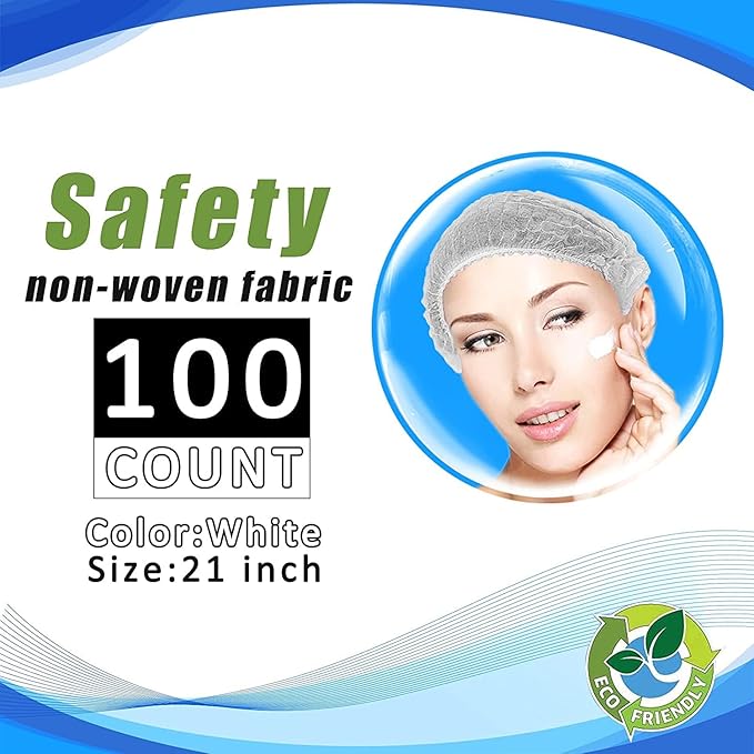 Disposable Bouffant Caps, 21inches Hair Net, Elastic Dust Cap for Food Service, Cooking, Salon,Spa,Spray tans, Restaurant,Industry,Garden,Kitchen Head Cover (White)